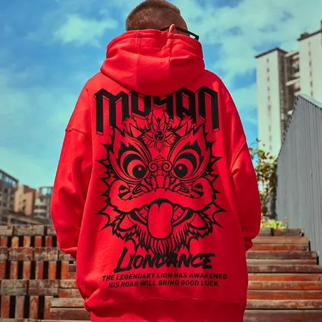 2023秋冬新款潮牌oversize大码男装国潮醒狮连帽加绒ins卫衣男潮商品大图