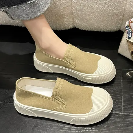 小白鞋女夏季薄款2023新款透气帆布鞋一脚蹬软底舒适厚底休闲鞋子商品大图