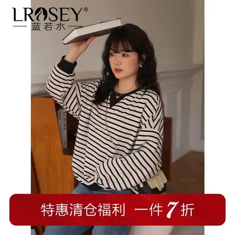 蓝若水大码女装宽松条纹oversize卫衣胖MM春季新款落肩上衣图片