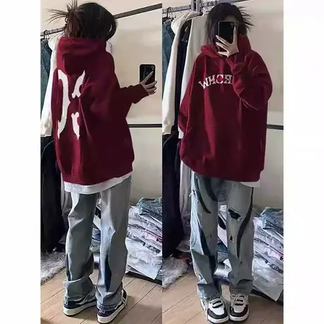 欧美高街外套女春秋新款酒红色连帽卫衣胖mm大码时髦上衣2-300斤商品大图