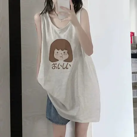 纯棉吊带运动坎肩背心无袖t恤女夏季设计感小众外穿宽松挂脖上衣商品大图