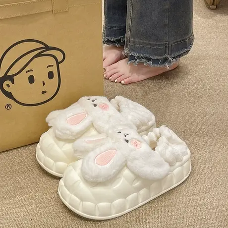 可拆卸棉拖鞋女秋冬季包跟外穿防水可爱兔子加绒保暖家居月子棉鞋商品大图