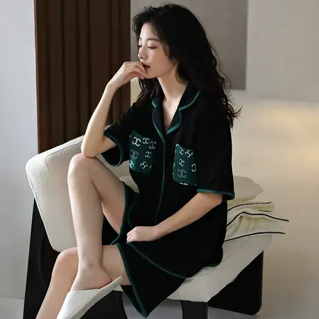 婷美纯棉睡衣女夏季短袖开衫翻领短裤薄款简约纯色休闲家居服套装商品大图