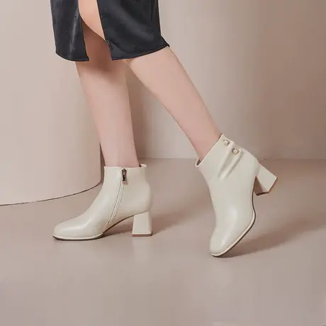 戈美其白色短靴女2023年新款靴子瘦瘦靴粗跟女春秋高跟单靴图片