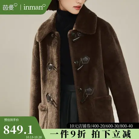 茵曼牛角扣羊羔绒长款大衣外套女2023年冬季新款宽松保暖棉衣棉服商品大图