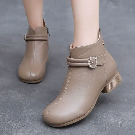 短靴女2023新款春秋单靴真皮平底女靴大码41一43时尚软面加绒皮靴商品大图