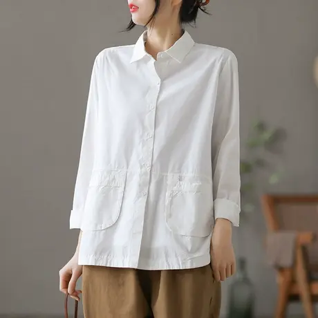 dza 文艺复古纯棉白色衬衫女士早春新款漂亮气质衬衣内搭翻领上衣图片