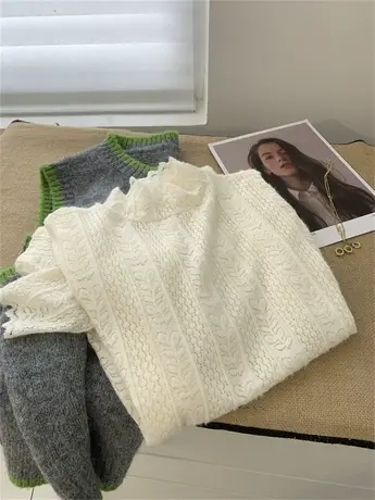 毛绒感蕾丝花边立领长袖T恤秋冬内搭米色打底衫气质温柔百搭上衣图片