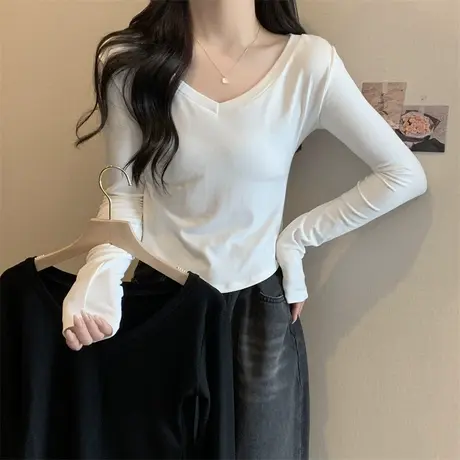 辣妹V领长袖正肩打底衫修身T恤女秋季小众短款内搭不规则白色上衣商品大图