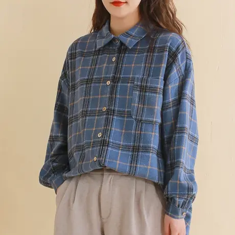 胖妹妹复古蓝色格纹宽松衬衫 加大码2023春新款韩版均码显瘦上衣商品大图