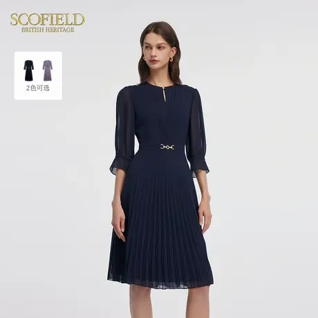 Scofield女装知性圆领收腰连衣裙A字职场进阶雪纺裙夏季裙子图片