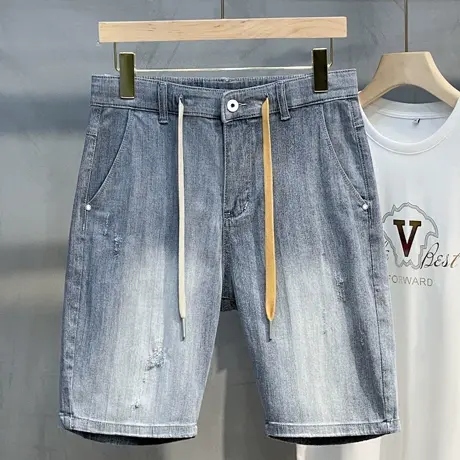 潮牌经典百搭洗水蓝牛仔短裤男士潮流2023夏季新款中裤休闲五分裤图片