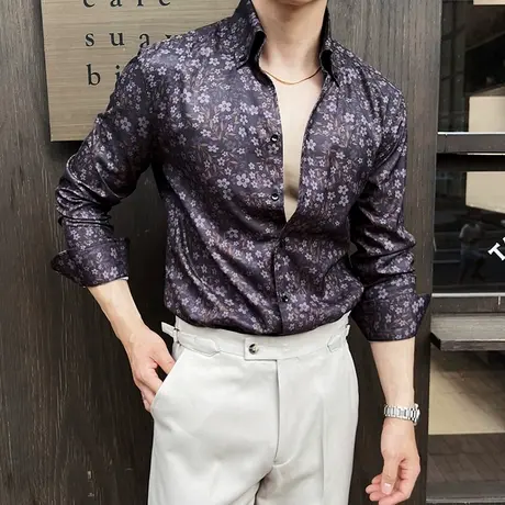 松弛感大V领印花衬衫男长袖垂感丝滑英伦风格调绅士雅痞通勤衬衣商品大图