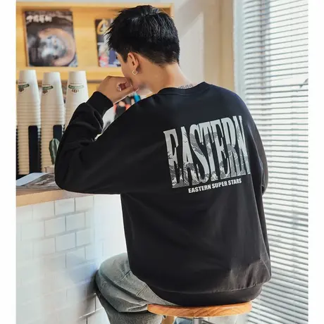 唐狮卫衣男士春秋季新款圆领休闲灰色无帽衫痞帅长袖上衣潮牌商品大图