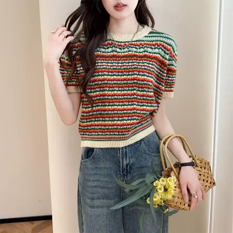 唐狮夏季新款针织毛线衫短袖女彩色条纹波浪边时尚套头上衣Y图片