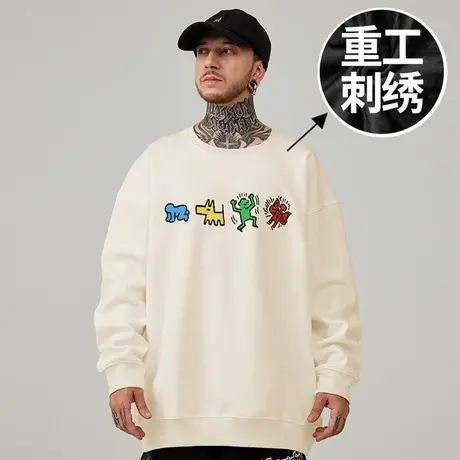 刺绣卫衣男潮牌重磅美式圆领胖子加肥加大码男装纯棉情侣早春秋季图片