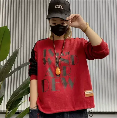 2023秋季新款拼色字母印花女装卫衣宽松休闲百搭显瘦圆领长袖上衣商品大图