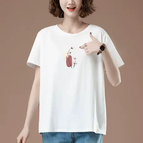 短袖t恤女夏季新款加肥加大码女装宽松纯棉百搭印花圆领半袖体恤商品大图