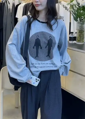 韩系2023秋新款撞色领长袖t恤女宽松百搭个性创意学生tee打底上衣商品大图