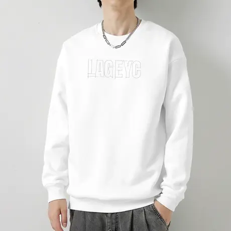 380g重磅卫衣男纯棉圆领长袖t恤摇粒绒潮牌印花白色无帽上衣宽松商品大图