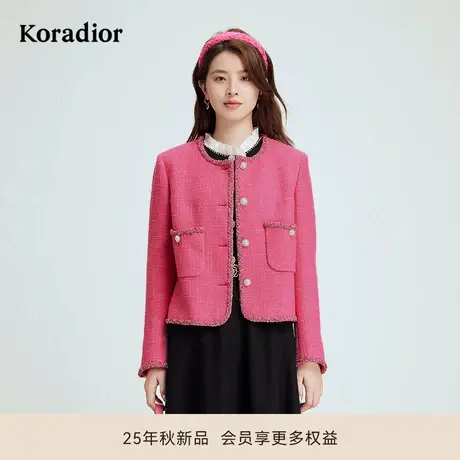 珂莱蒂尔秋季款气质名媛香风短款羊毛呢外套女玫瑰粉色圆领上衣图片