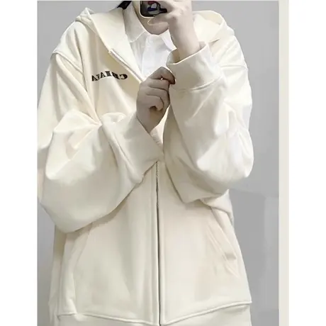 杏色高级感开衫连帽卫衣女春秋装宽松显瘦chic复古港味薄款上衣潮商品大图