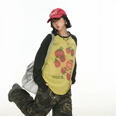 美式复古创意印花插肩撞色长袖T恤女春秋新款宽松情侣款套头上衣商品大图