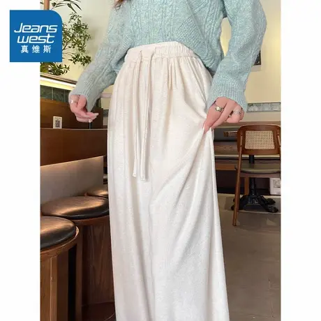 KMV真维斯杏色休闲阔腿裤女2025新款秋高腰垂感慵懒风宽松糯米裤商品大图