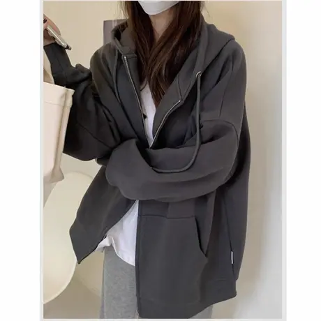 连帽卫衣外套女款早秋2025新款深灰色开衫高级感宽松美式复古上衣商品大图