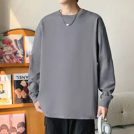 长袖体T恤男春秋季2025新款纯色简约宽松上衣美式休闲男生打底衫商品大图