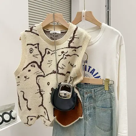 唐狮秋冬毛线衫女设计感独特圆领套头马甲春秋外穿毛衣高级感tu图片