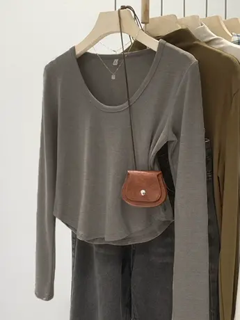 短款修身长袖t恤女春秋装冬季内搭打底衫轻熟法式小众设计感上衣商品大图