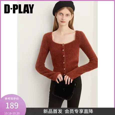 DPLAY2023冬复古焦糖色短款修身方领定制金属扣仿貂毛套头毛衣商品大图