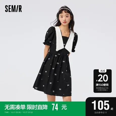 森马连衣裙女撞色大翻领泡泡袖甜美温柔秋蝴蝶结绣花小黑裙少女感图片