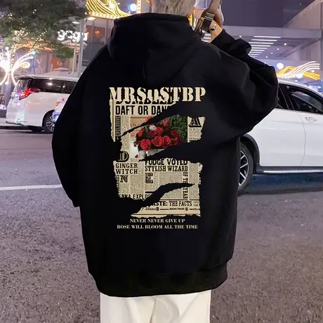 美式连帽加绒卫衣男秋冬季潮牌宽松重磅帽衫国潮玫瑰花情侣款外套商品大图