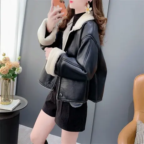 皮毛一体羊羔毛皮衣外套女秋冬2023年新款小个子加绒加厚夹克上衣商品大图