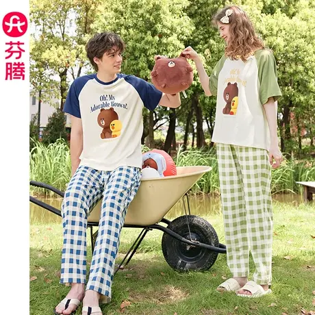 芬腾布朗熊纯棉情侣睡衣女夏季薄款圆领男士卡通可外穿家居服套装商品大图