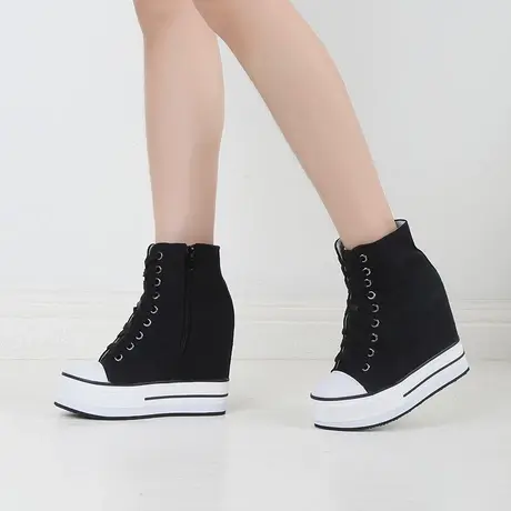 内增高帆布鞋女11cm厚底休闲鞋2023年春季坡跟单鞋拉链高帮运动鞋商品大图