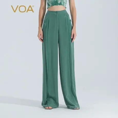 VOA云杉绿30姆米重磅厚桑蚕丝自然腰挖袋垂顺通勤真丝直筒长裤女图片