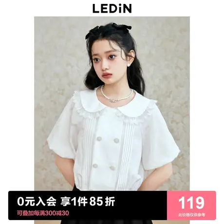 乐町精致翻领衬衫2023年夏季女装娃娃领短上衣少女短袖衬衫商品大图