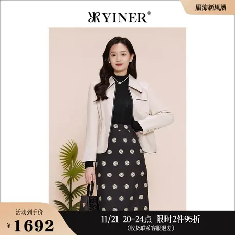 YINER音儿专选女装春季撞色包边POLO领绵羊真皮皮衣夹克外套商品大图