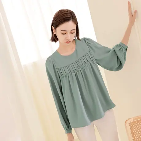桔熊春秋季复古通勤褶皱不易皱宽松圆领泡泡袖上衣女大码AB17707商品大图
