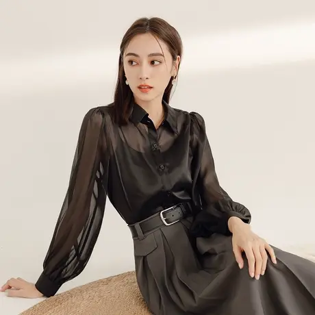 桔熊秋通勤透肤翻领泡泡袖高级感衬衫气质网纱上衣女大码AB18915图片