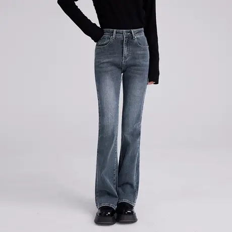 尔给修身复古蓝美式微喇高腰牛仔裤女2022年新款休闲高街裤子显瘦商品大图