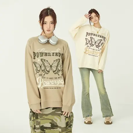 YEP复古蝴蝶印花卫衣女春秋2023新款设计感宽松套头圆领长袖上衣商品大图
