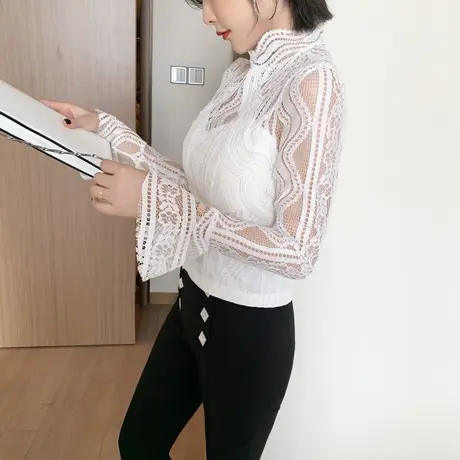 半高领打底衫衣服女2024秋款修身性感显瘦设计感小众蕾丝上衣女装商品大图