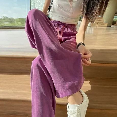 紫色醋酸真丝阔腿裤女夏季薄款垂感宽松高腰直筒休闲铜氨冰丝裤子图片