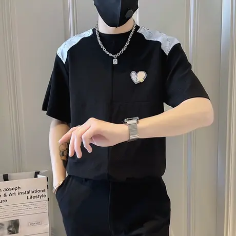 2023夏季男士t恤上衣短袖宽松半袖潮流撞色拼接休闲ins个性半截袖商品大图