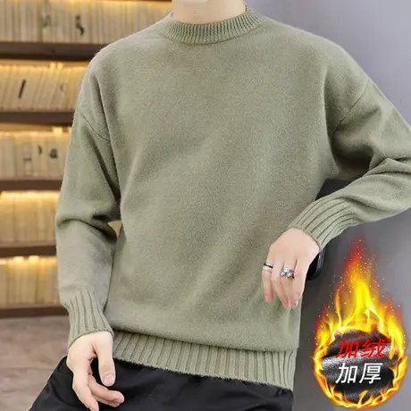 2021秋冬季圆领毛衣男加绒厚款韩版潮流套头针织衫打底衫黑色线衣商品大图