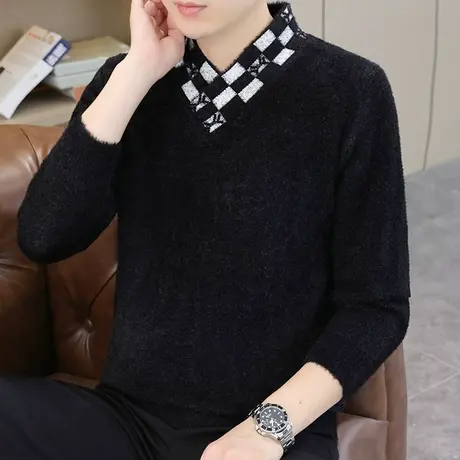 水貂绒针织羊毛衫男士加绒V领t恤秋冬季加厚保暖半高领毛衣打底衫商品大图